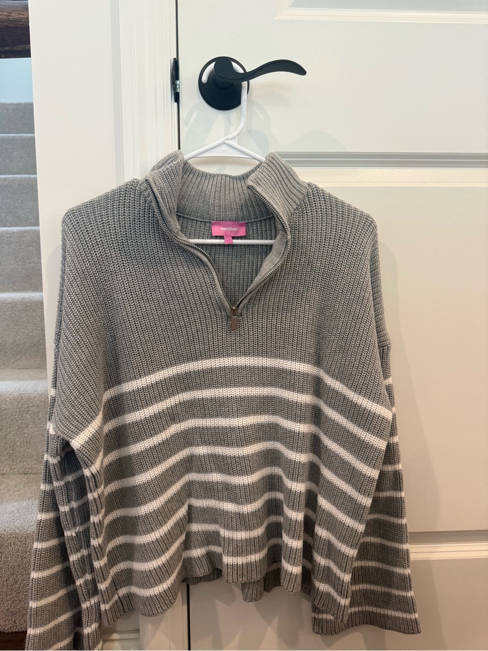 Edikted Light Gray & White Ribbed Half-Zip Sweater